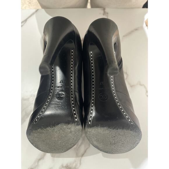 Chanel Black Leather Platform Ankle Boots with Patent Cap Toe - Picture 3 of 5